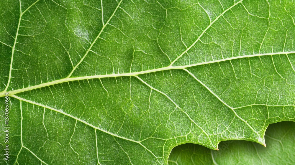 Poster close up view of a vibrant green leaf, showcasing intricate vein patterns and textured surface. the 
