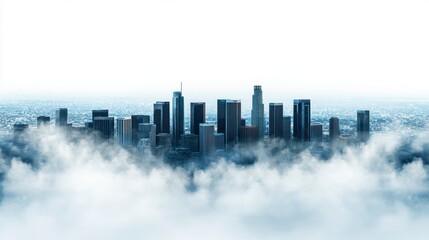 City skyline partially obscured by clouds, showcasing a dramatic, moody atmosphere. Dark skyscrapers rise above a sea of white clouds under a bright sky. 