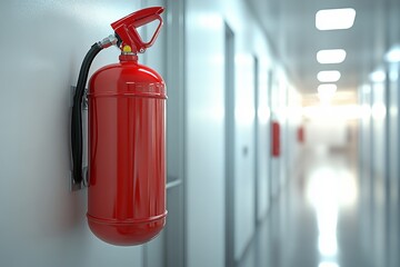 Essential fire safety equipment mounted on a wall in a modern building corridor
