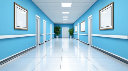 Clean light blue hospital hallway with framed pictures, plants, and doors. Bright, sterile atmosphere. Shiny floor with lines.