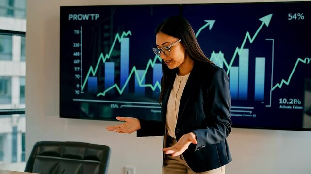 Jeune femme asiatique en costume donnant une pr&eacute;sentation professionnelle sur la croissance financi&egrave;re devant un &eacute;cran graphique dans une salle de r&eacute;union moderne et lumineuse