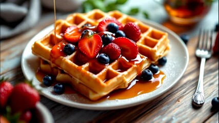 Waffles with berries and maple syrup pouring motion footage. Delicious breakfast with strawberries and blueberries, served on plate. Food design clip for cafe menu promotion