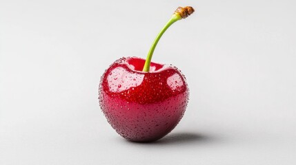 Single ripe red cherry with water droplets on a light gray background, close up studio shot.