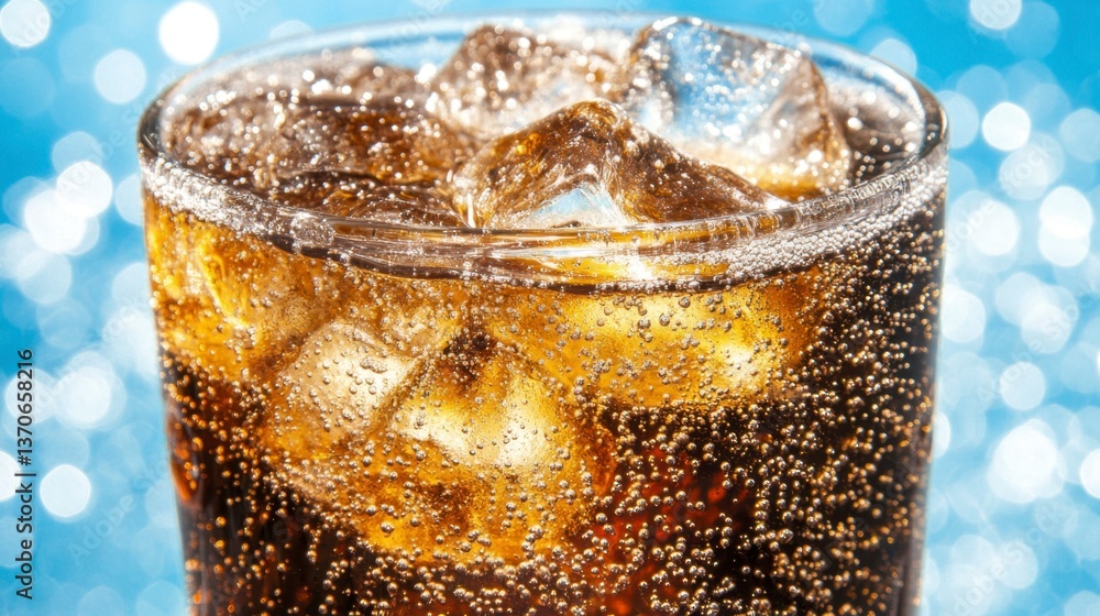 Poster close up of a glass of cola with ice cubes, featuring abundant bubbles and a bokeh background. the d