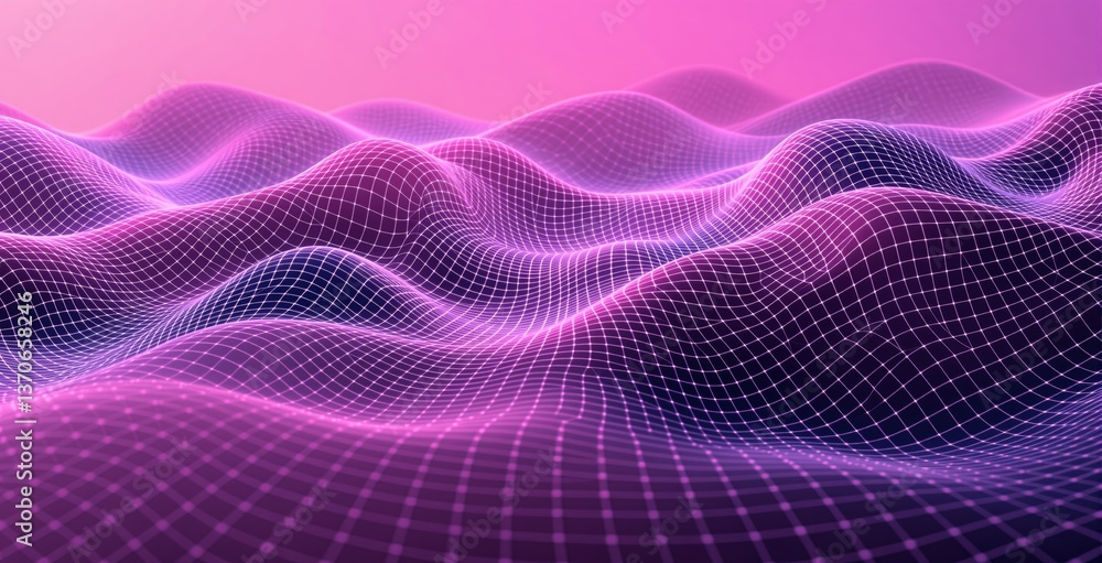Poster abstract wave grid mesh with glowing purple lines on a smooth pink background, representing a futuri