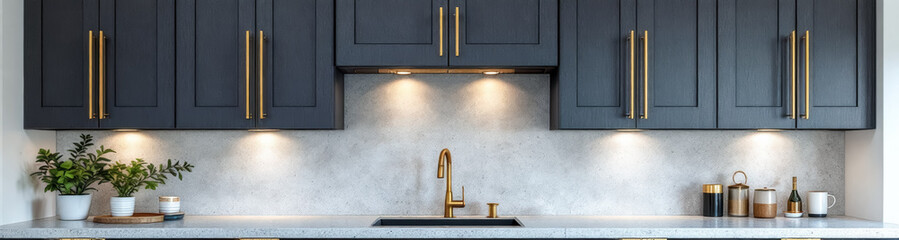 sleek kitchen with dark gray cabinets and gold hardware