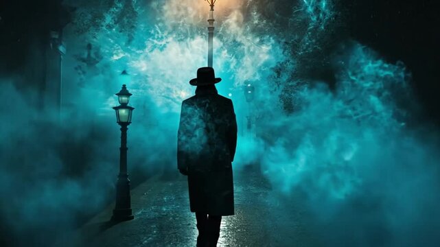 Mysterious figure walking down a foggy alley at night. Possible use Stock photo for fantasy, horror, or gothic themes