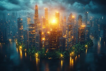 Fototapeta premium Aerial view of a vibrant city skyline illuminated at dusk with glowing skyscrapers and reflections