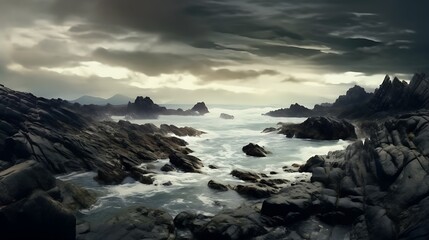 Obraz premium Dark Rocky Coastline Under Stormy Skies