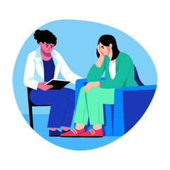 A flat style illustration of a therapist talking to her patient