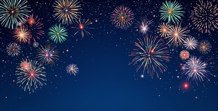 Vibrant fireworks exploding in a night sky filled with stars, colorful artistic style, dark blue background, concept of celebration and joy. Ai generative