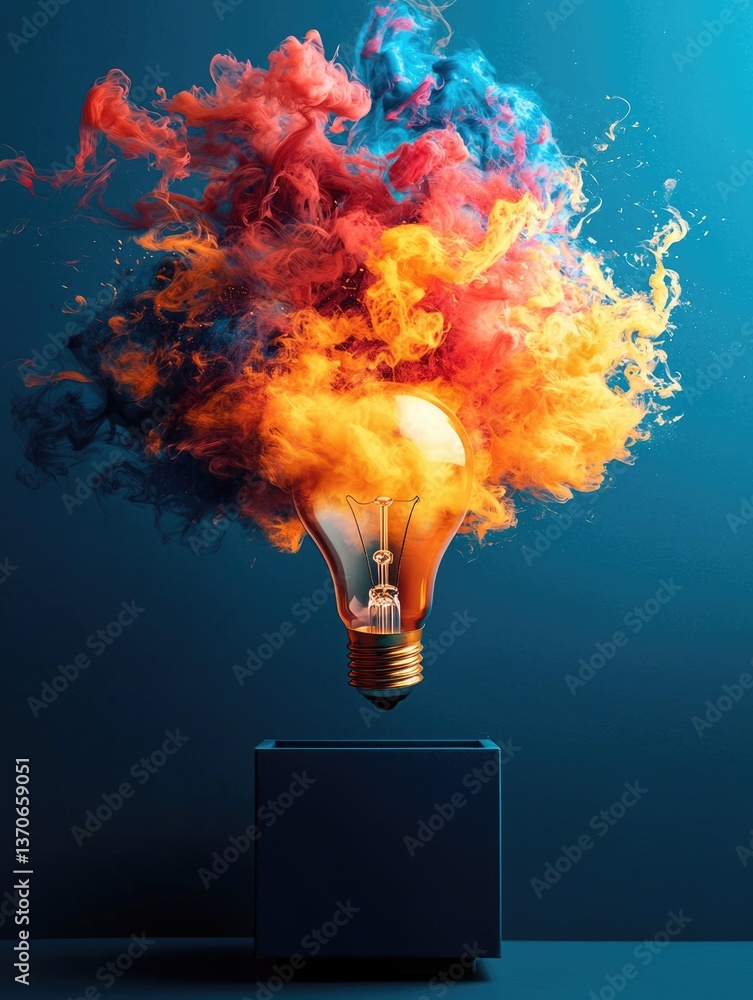 Poster innovative brainstorming ideas emerge from a colorful explosive lightbulb in a creative studio envir