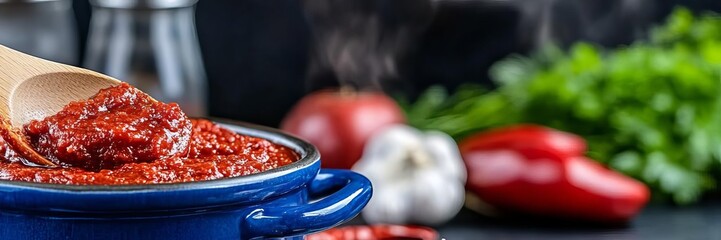 Rich, vibrant tomato sauce in a blue pot with fresh ingredients, perfect for Italian cuisine or holiday feasts