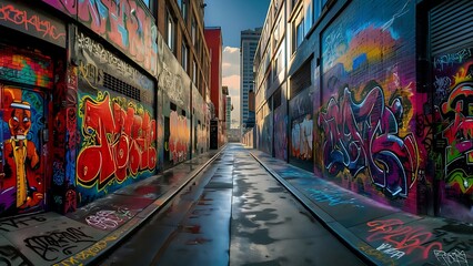 Fototapeta premium A dynamic and colorful urban scene capturing Graffiti Alley in Toronto, showcasing an explosion of street art on both sides of a narrow alleyway. The walls are covered with bold murals