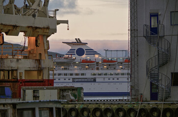 Classic expedition cruiseship cruise ship liner Delphin docked at terminal in Thorshavn Thorshaven,...