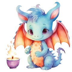dragon with fire cute watercolors illustration on white background