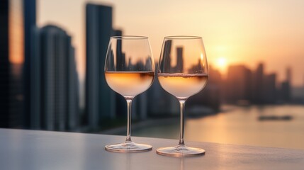 Sunset, city skyline, wine glasses, and evening ambiance create a relaxing atmosphere for evening gatherings near the water