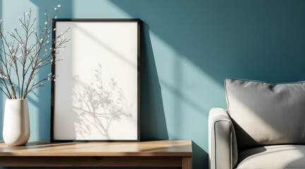 blank vertical frame on a light wood table in a sunlit room with a white vase and branches