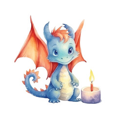 dragon with fire cute watercolors illustration on white background