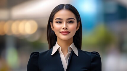 Naklejka premium close up portrait pretty Thai businesswoman looking at camera with confident with blur bokeh light 