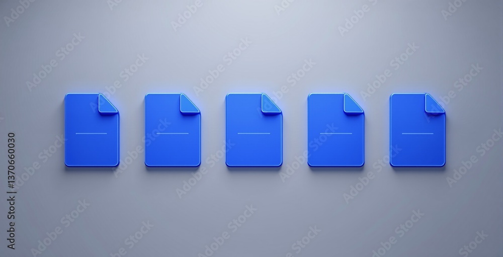 Poster blue document icons in a minimal creative design style, aligned on a soft gradient background, repre