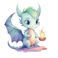 dragon with fire cute watercolors illustration on white background
