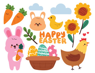 hand drawing cartoon easter sticker set. cute sticker with bunny, chicken and egg drawing for easter vibes, doodle set