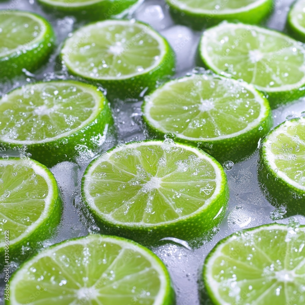 Poster close up of vibrant green lime slices submerged in melting ice, creating a refreshing and cool visua