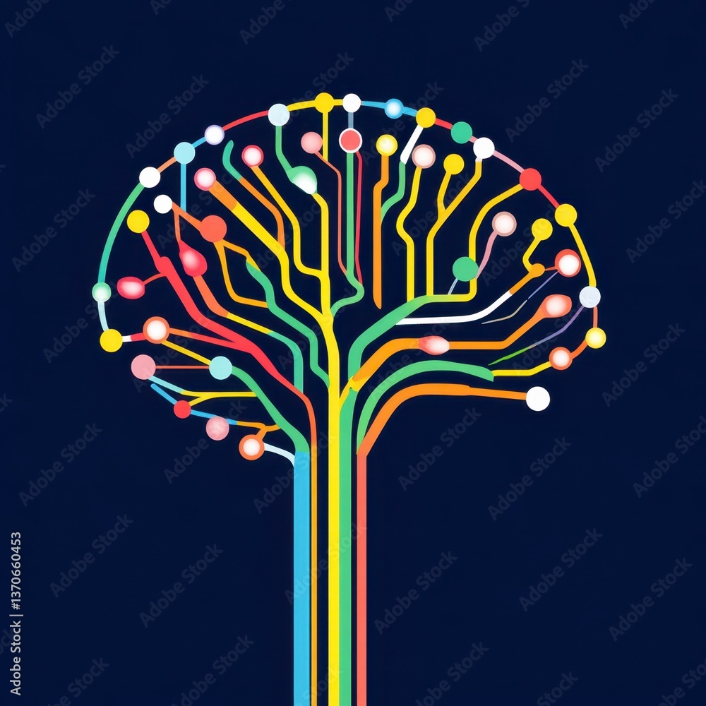 Poster abstract illustration of a brain shaped tree with colorful branches and nodes against a dark blue ba