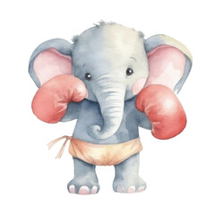 elephant boxing cute watercolors illustration on white background