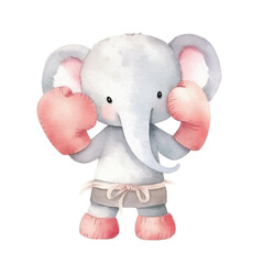 elephant boxing cute watercolors illustration on white background
