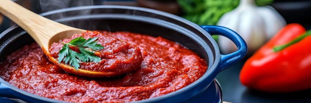 Rich homemade tomato sauce in a blue pot, Italian cuisine, cozy family dinner, fresh garlic and pepper garnish - Powered by Adobe
