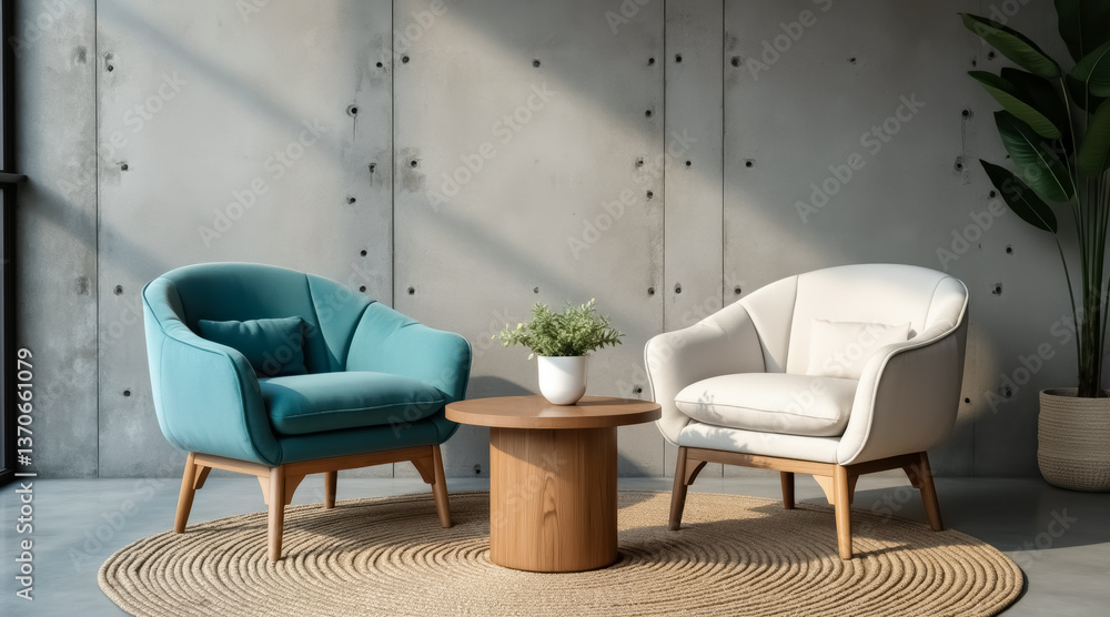 Poster two armchairs and a side table in a minimalist room setting