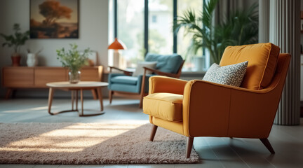mustard yellow armchair in a modern living room