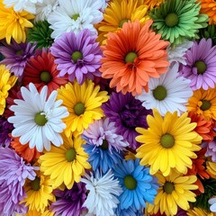 Fototapeta premium Close up view of a vibrant bouquet of multicolored daisies, showcasing a variety of colors and textures. The flowers are densely packed together, creating a visually rich and colorful composition.