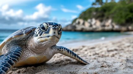 Sea turtle on sandy beach, tranquil marine wildlife scene, summer vacation vibe, conservation awareness, World Oceans Day celebration