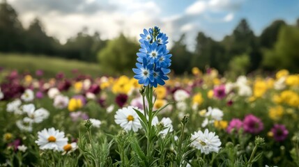 Obraz premium Close-up of vibrant blue wildflower in blooming spring meadow, symbolizing renewal, nature's beauty, ideal for Earth Day
