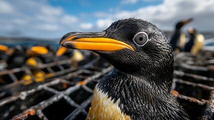 Naklejka premium Close-up shows a Rockhopper penguin featuring its distinctive yellow beak and patterned feathers perched near other penguins against a partially cloud