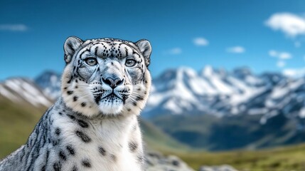 Obraz premium Majestic snow leopard in alpine terrain, symbolizing wildlife conservation and Earth Day, snowy mountains in background