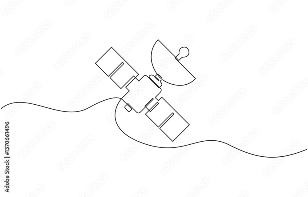 Poster continuous one line drawing of satellite in the outer space, continuous single line drawing of space