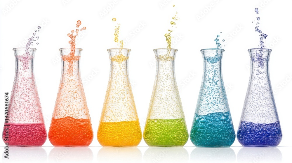 Poster six erlenmeyer flasks filled with colorful liquids, arranged in a row against a white background. li