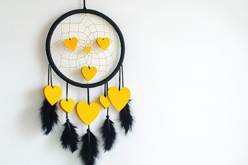 Dreamcatcher with Black Feathers and Yellow Hearts on a Clean White Background