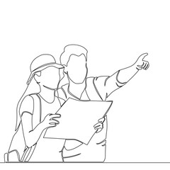 Continuous one single line drawing Adventurous Journey: Traveling Couple Explores with a Map, Embracing Discovery and New Destinations icon vector illustration concept