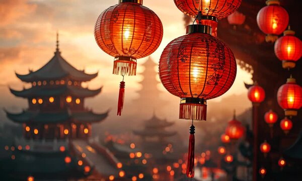 Enchanting Chinese New Year: Lanterns Aglow in a Golden Sunset over Ancient Temples