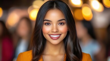 Obraz premium pretty Indian business woman smiling at modern office with other people as background 