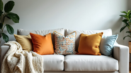 five decorative pillows in autumnal colors on a beige sofa