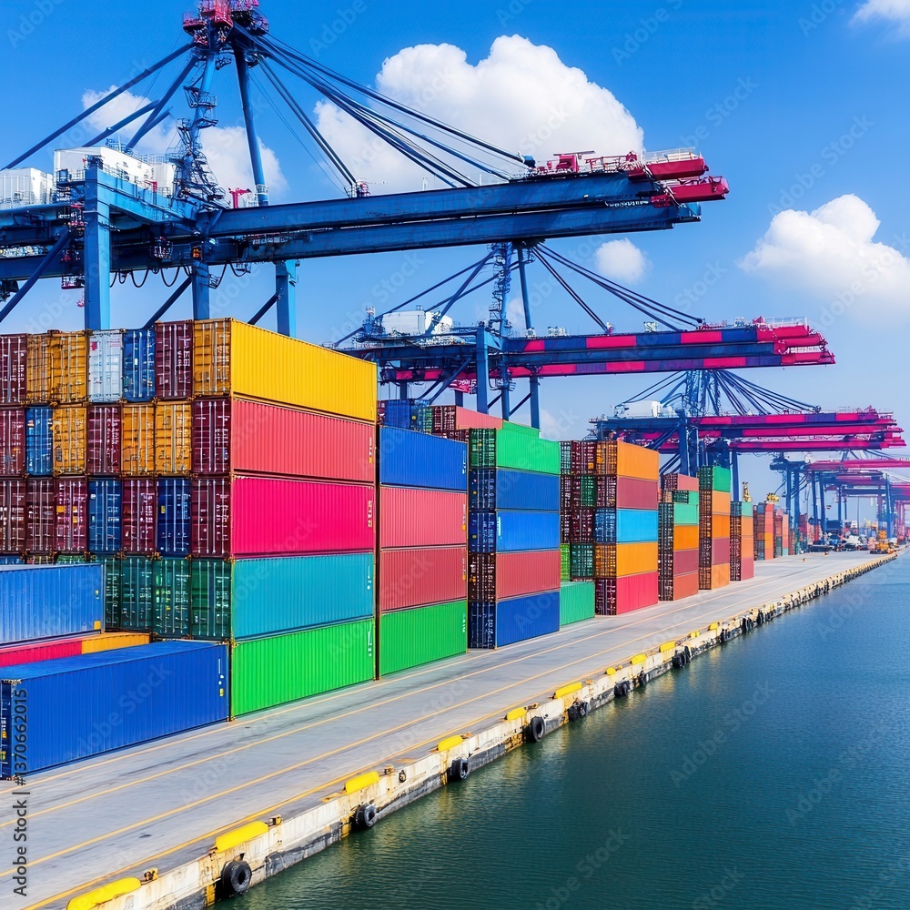 Poster colorful shipping containers at a busy port on a sunny day. large cranes load and unload cargo. the 