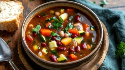 Invigorating vegetable soup composition featuring colorful legumes and fresh garnish