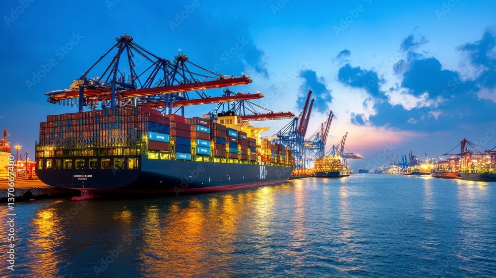 Poster large container ship at twilight in a busy harbor, illuminated by lights reflecting on the water. mu