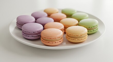 Obraz premium A plate of delicate macarons in pastel colors arranged neatly on a white surface